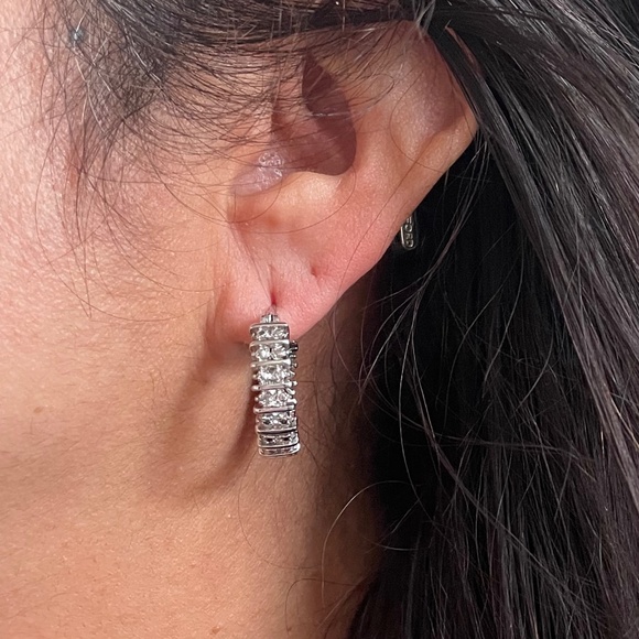 CZ Silver Hoop Earrings - Picture 6 of 7